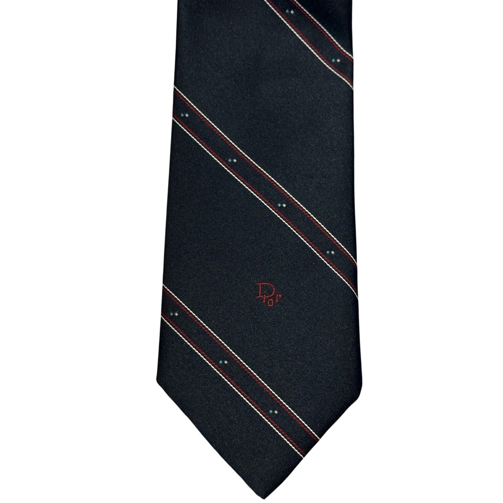 Christian Dior Vintage Navy Blue Red Diagnoal Striped Classic Silk Blend Tie